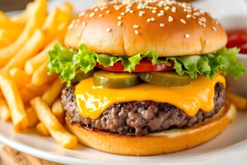A juicy double cheeseburger with melted cheddar, crisp lettuce, tomato slices, pickles, and a sesame seed bun, served with a side of golden French fries and ketchup