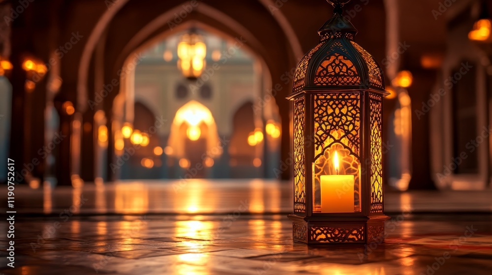 Aufkleber stunning close-up of an intricately designed lantern illuminating a serene architectural space with 