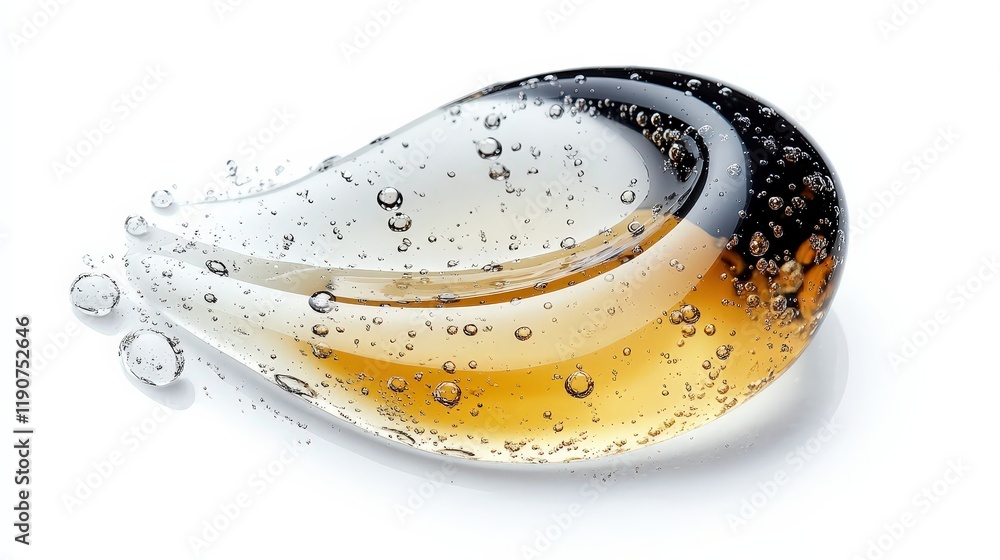 Poster stunning close-up of a transparent gel droplet with bubbles capturing light and color reflections in