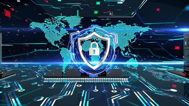 Global cybersecurity awareness with digital lock and world map representation. Futuristic HUD, FUI, FVX style.