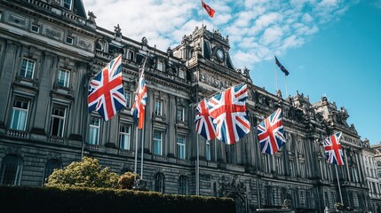 British flags waving outside a grand stone building.