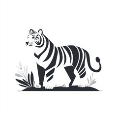 Fototapeta premium White tiger illustration, standing, jungle foliage, minimalist design, logo