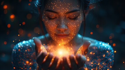 Hands and holographic lights create a spiritual image of support, prayer, and care, with a cosmic, futuristic feel