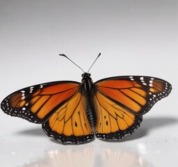Fototapeta premium A solitary monarch butterfly resting on a clean white surface, emphasizing its distinctive orange and black markings , monochrome photography, single butterfly