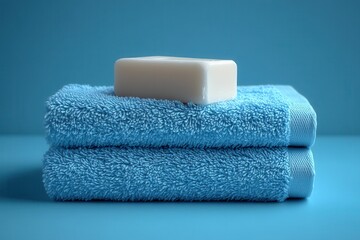 Soft blue towels stacked neatly with a bar of white soap on top in a calm setting