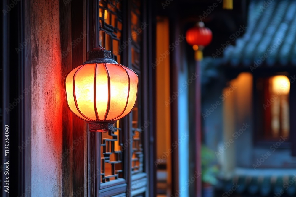 Poster traditional red lanterns illuminating an elegant historic building in a tranquil setting at dusk in 