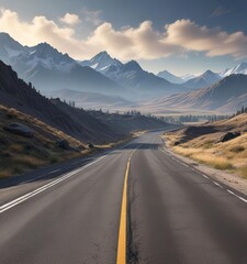 Asphalt road stretching across the valley with distant mountains in the background, countryside views, solitary journey