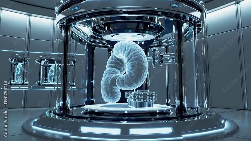 Poster Futuristic capture of a holographic structure in a high-tech lab setting showcasing advanced technology