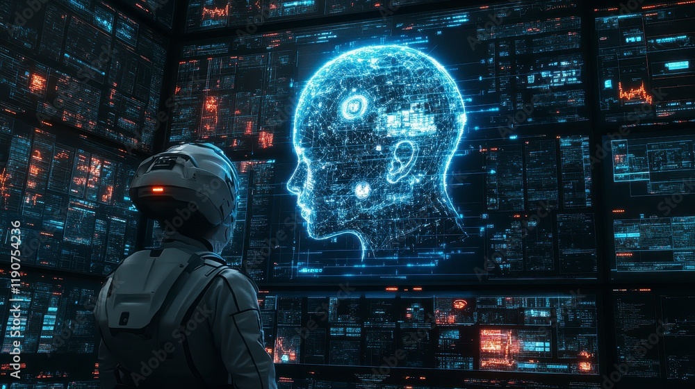 Aufkleber futuristic robot analyzing digital human head data on multiple screens