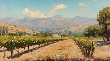 Fototapeta premium Vineyard landscape with mountains under sunny sky.