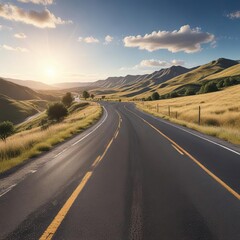 Naklejka premium A stretch of asphalt road winding through rolling hills under a sunny sky , scenery, travel
