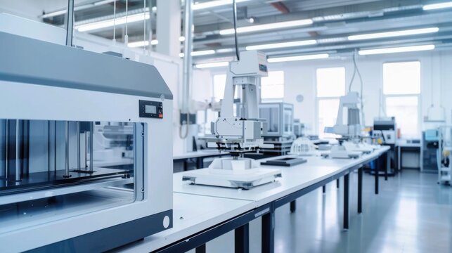 A bustling industrial 3D printing lab with large-scale printers creating customized parts and prototypes for various industries, 3D printing lab scene, Additive manufacturing style