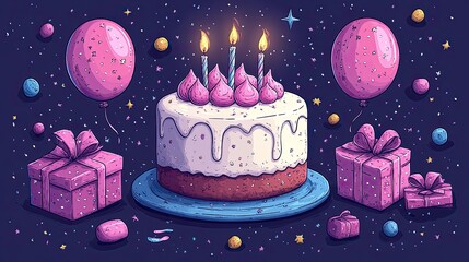 Happy Birthday illustration in a cartoon style with cake, presents, and balloons on purple