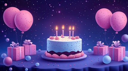 Happy Birthday illustration in a cartoon style with cake, presents, and balloons on purple