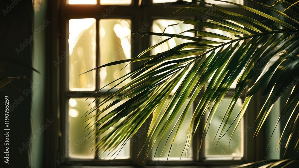 Poster sunlight filters through a window, casting soft light on a lush green palm leaf, creating a tranquil