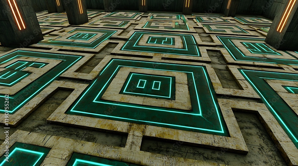 Aufkleber a futuristic, geometric floor design features glowing lines creating a maze-like pattern, set within