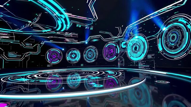 Futuristic holographic stage design showcasing advanced technology and vibrant visuals in a studio setting. Futuristic HUD, FUI, FVX style.