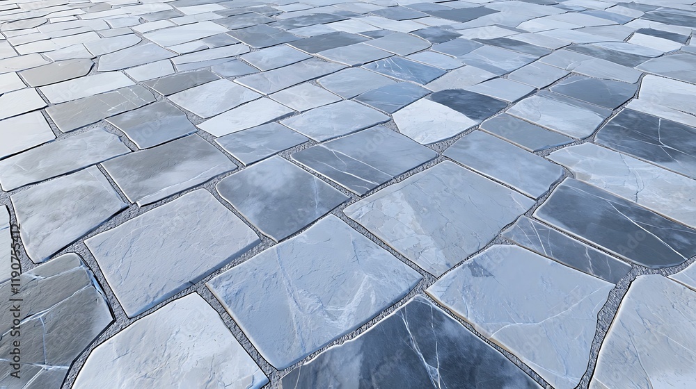 Poster a textured surface of interlocking stone tiles in various shades of gray, creating a modern and eleg