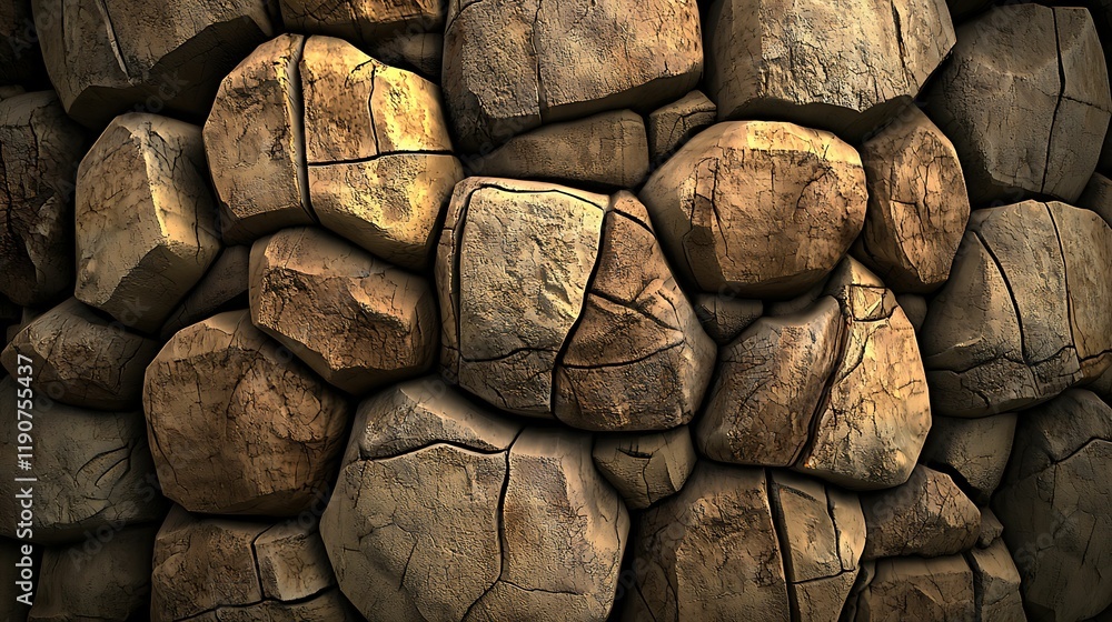 Poster a close-up view of a textured stone wall, showcasing various sizes and shapes of rugged rocks with n