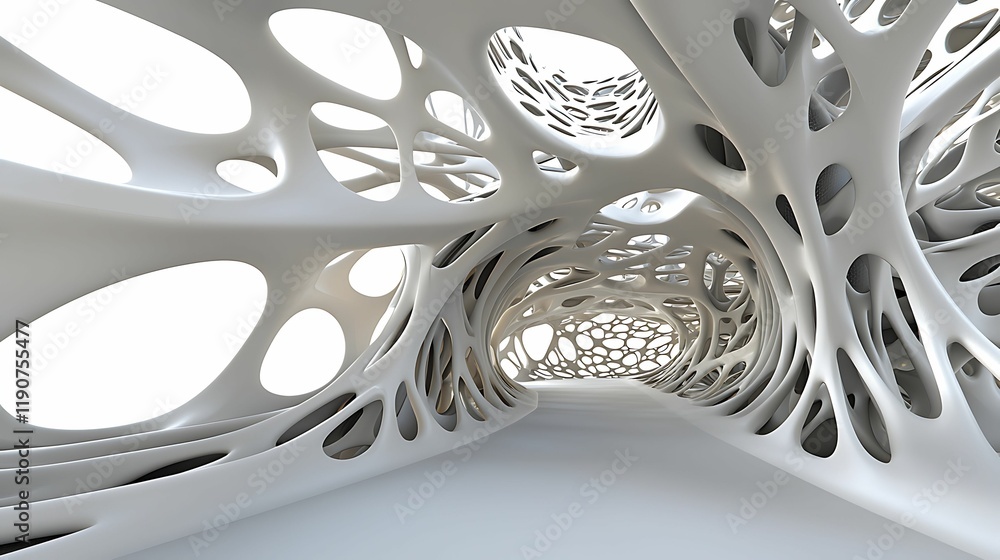 Aufkleber a futuristic, organic interior space featuring intricate, white structures with fluid shapes and ope
