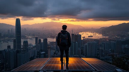 Fototapeta premium Man with Backpack Admires Stunning Sunset Cityscape from Solar Panel Viewpoint