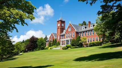 Historic red brick building with clock tower surrounded by lush green lawn and trees under blue sky