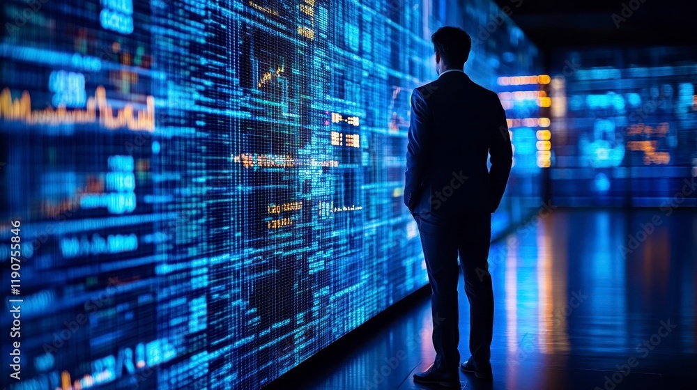 Poster businessman observing data streams on large digital wall big data analytics concept
