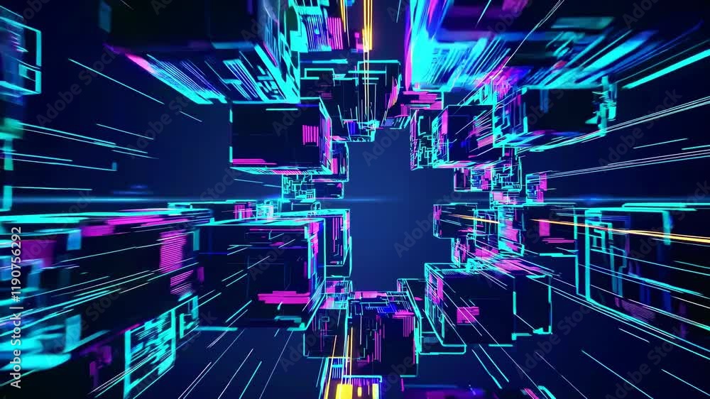 Poster exploring a vibrant digital landscape filled with colorful data streams and geometric shapes