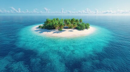 Tropical island paradise with palm trees and clear ocean.