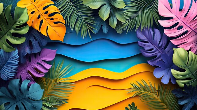 Hello August is set against a colorful background of beach waves and tropical leaves in bright yellow, blue, green, orange, pink, and purple