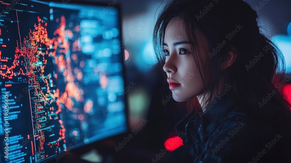 Poster focused young asian woman programmer working late at night on computer screen showing complex code