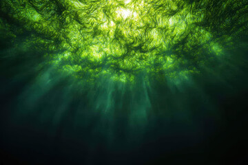 Fototapeta premium Underwater view of vibrant green algae strands illuminated by sunlight, creating serene atmosphere