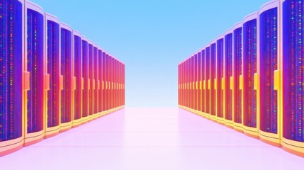 Rows of Illuminated Data Servers in Modern Data Center Digital Technology Infrastructure