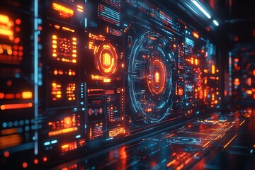 Obraz premium Futuristic digital interface with glowing circuits and data streams in a high-tech environment