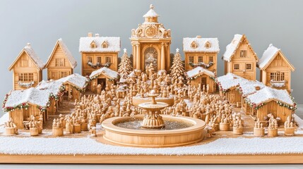 Obraz premium Intricate Wooden Village Scene with Snow-Covered Houses and Fountain in Winter Wonderland