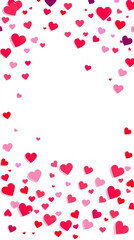 Small, colorful heart confetti in shades of red, pink, and purple are scattered across a white background