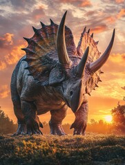 Fototapeta premium Majestic Dinosaur Standing in a Forest Clearing Under a Vibrant Sunset Sky