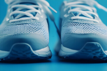 Sports sneakers on a blue backdrop with developing laces, emphasizing motion and flexibility, showcasing a design for active and flexible athletes.