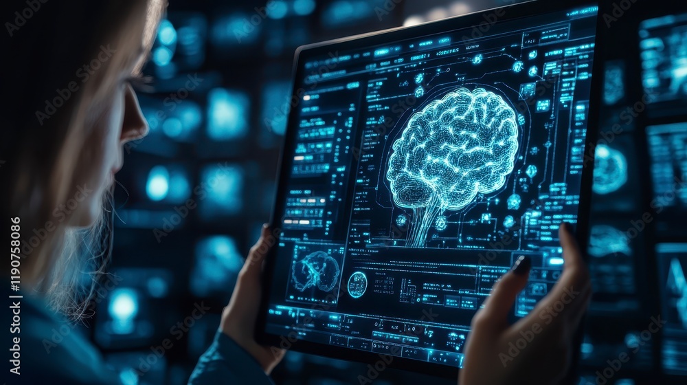Poster woman studying neural network brain model on tablet display futuristic technology interface