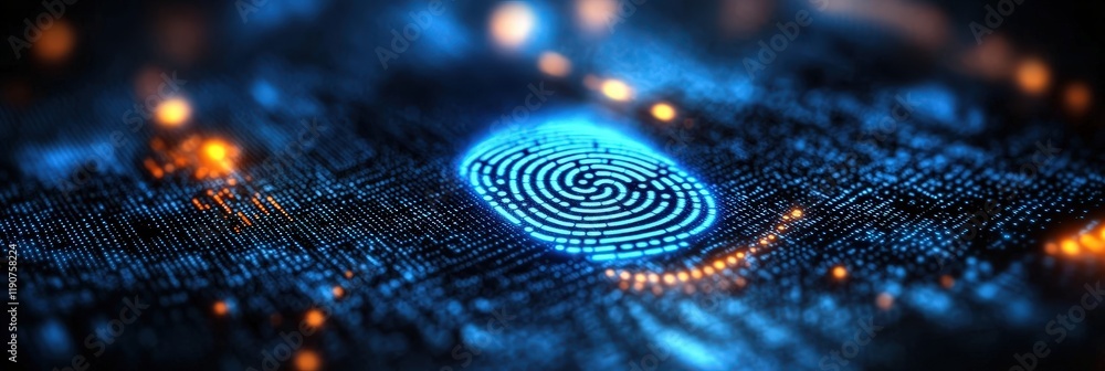 Poster high-detail digital fingerprint on circuitry background representing cyber security and data protect