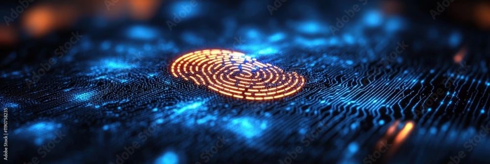 Poster futuristic digital fingerprint sensor glowing in cybernetic background with neon patterns and data c