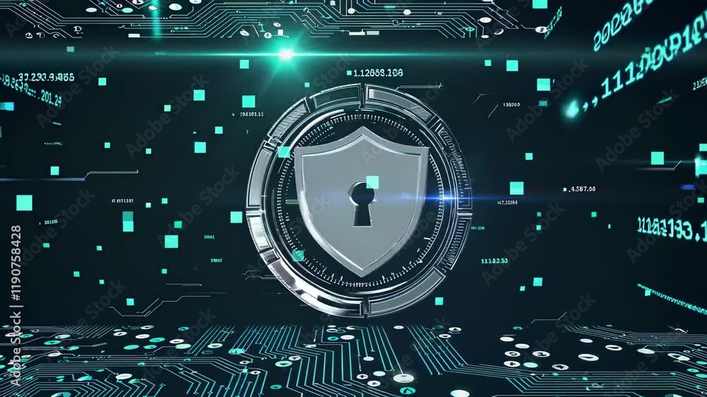 Poster exploring cybersecurity concepts with visual data representations and network security elements