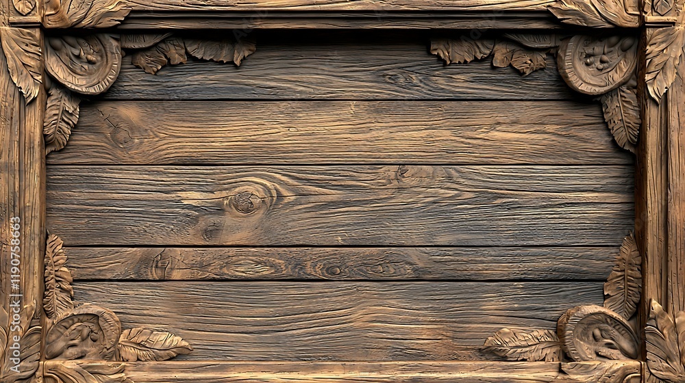 Poster a rustic wooden frame featuring intricate carvings and a textured surface, perfect for displaying ar