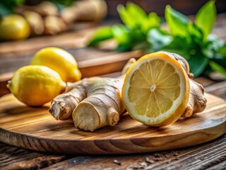Fresh Ginger Root & Lemon Slices on Rustic Wooden Board - Culinary Ingredients