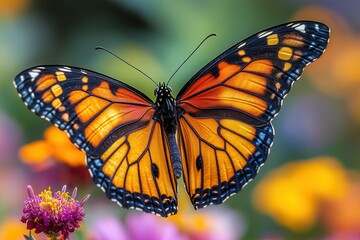 Fototapeta premium Colorful monarch butterfly resting on vibrant flowers in a summer garden