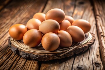 Rustic Wooden Board with Brown Chicken Eggs - Farm Fresh Produce Stock Photo