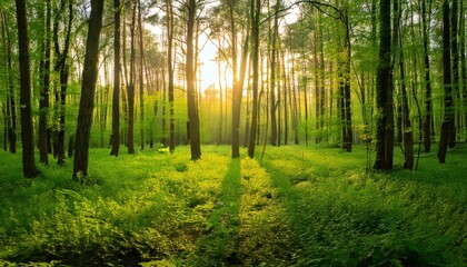 Obraz premium Green forest background with sunrise in the morning in spring season. Nature landscape.