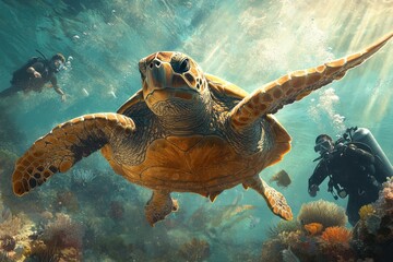Obraz premium Ocean life captured in vibrant underwater scene with divers