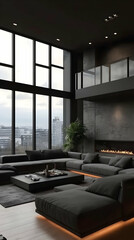 Luxurious modern living room with dark decor, large windows offering a city view, and a sleek sectional sofa.