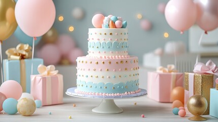 Stylish and modern cake surrounded by gifts and balloons. Pastel colors. Generative AI.